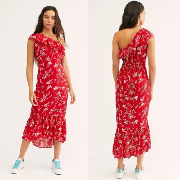 Free People Rue Stiic Westcott One Shoulder Midi Dress Floral Poppy Red Medium - Picture 1 of 12